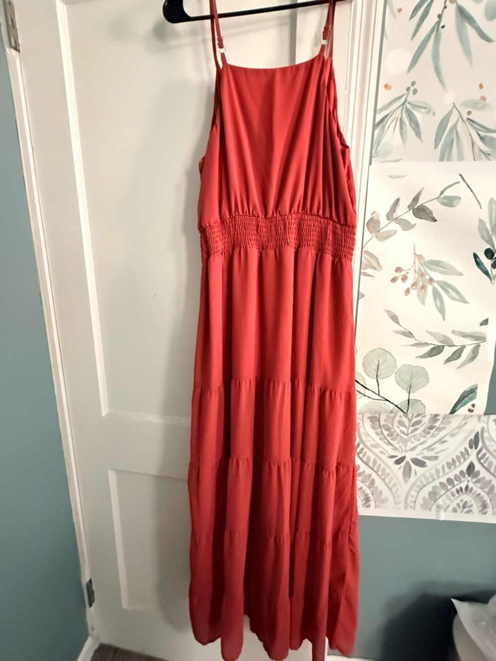 Women’s Coral Red Maxi Dress with Smocked Waist and Buttons - Picture 4 of 4